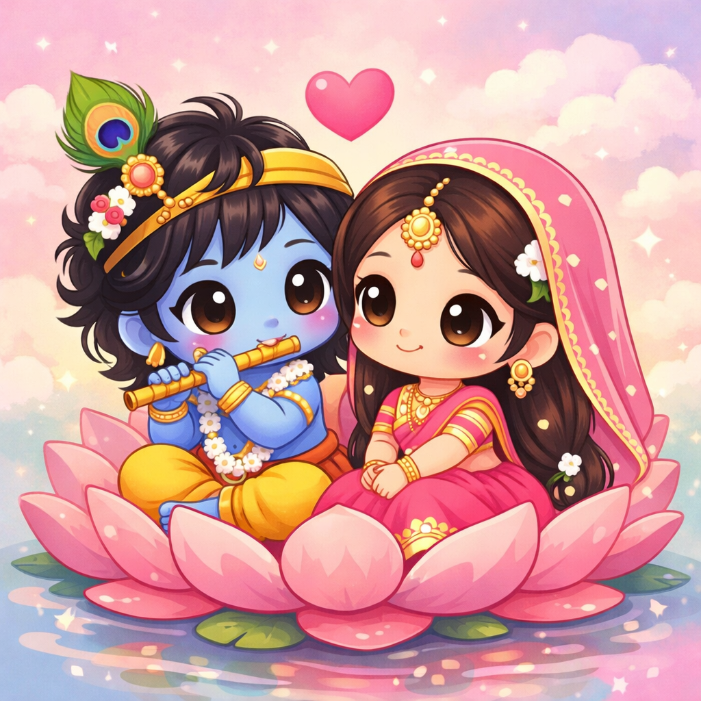 Cute chibi Radha Krishna sitting on lotus flower with pink heart and pastel background for DP